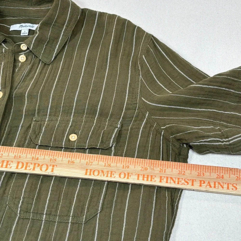 Madewell Lightspun Flap-Pocket Olive Green Striped Button Front Oversize Shirt S - Picture 4 of 8